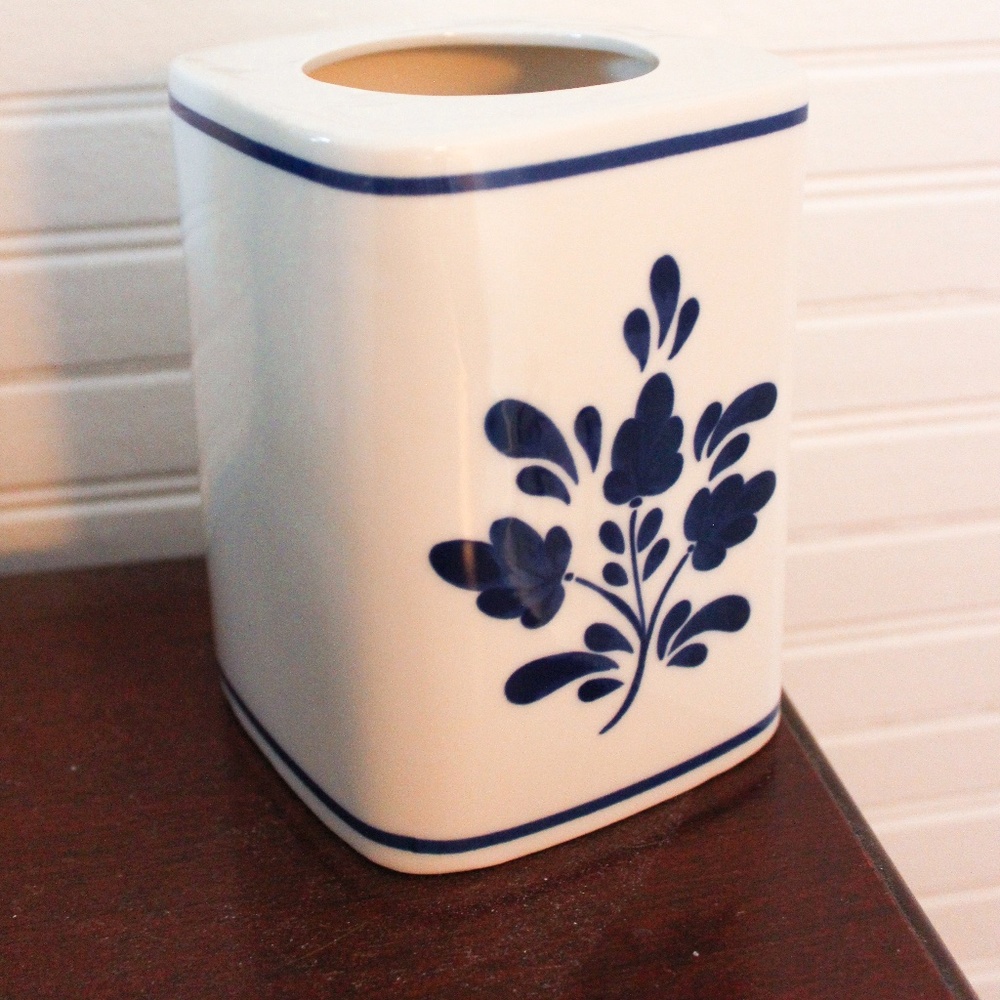 Blue and white ceramic canister
